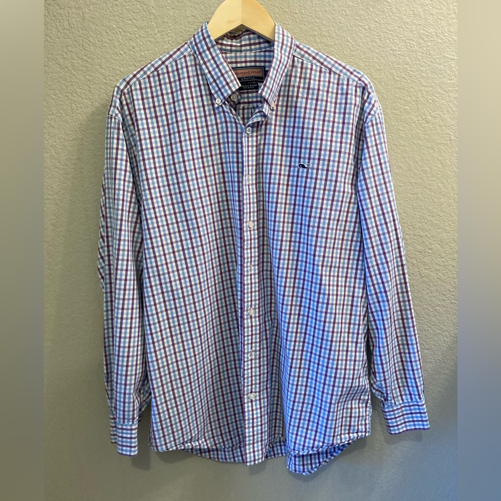 Vineyard Vines long sleeve blue and purple, button down plaid shirt, size large